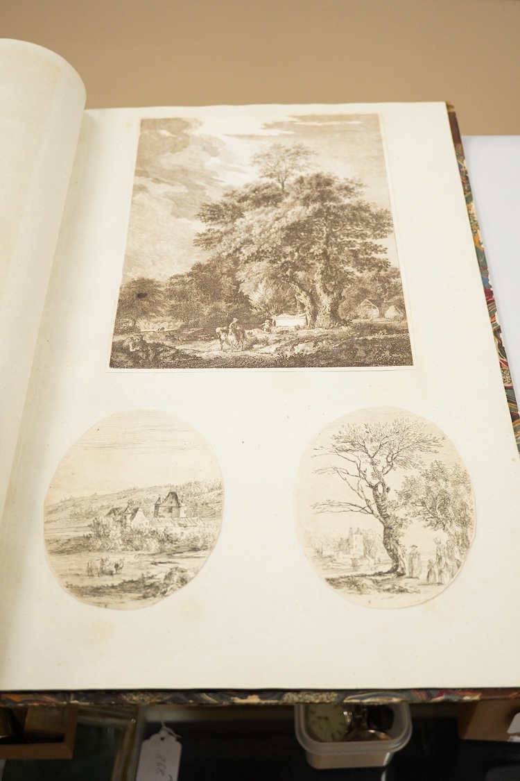 After Paul Sandby RA (1731-1809), an album of etchings and prints, various landscape and figural studies, some inscribed ‘Sandby fecit’, in pencil, with leather binding and marbled end pages. (Front cover detached)